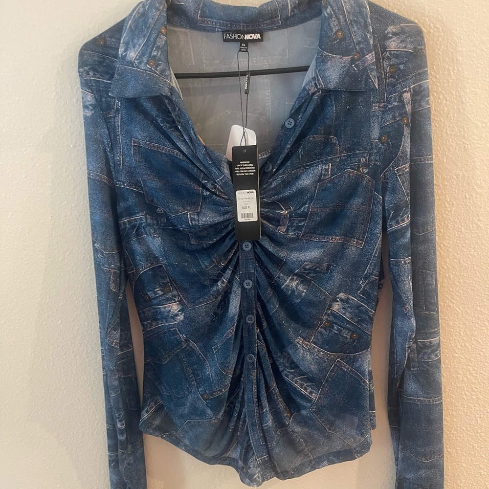 Fashion Nova Distressed Blue Button Down 2piece Shirt